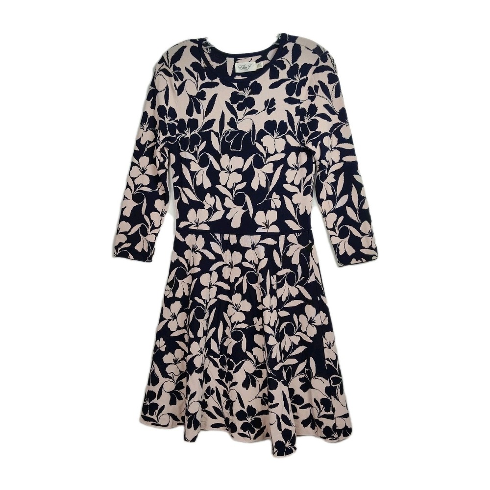 Eliza J A-Line Dress Women's Size M Cream/Blue Flowers Knit‎ 3/4 Sleeves